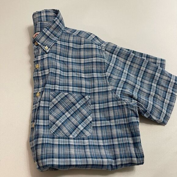 Brooks Brothers Shirt Mens Large Linen Blend Short Sleeve Blue Plaid Preppy - Picture 7 of 7